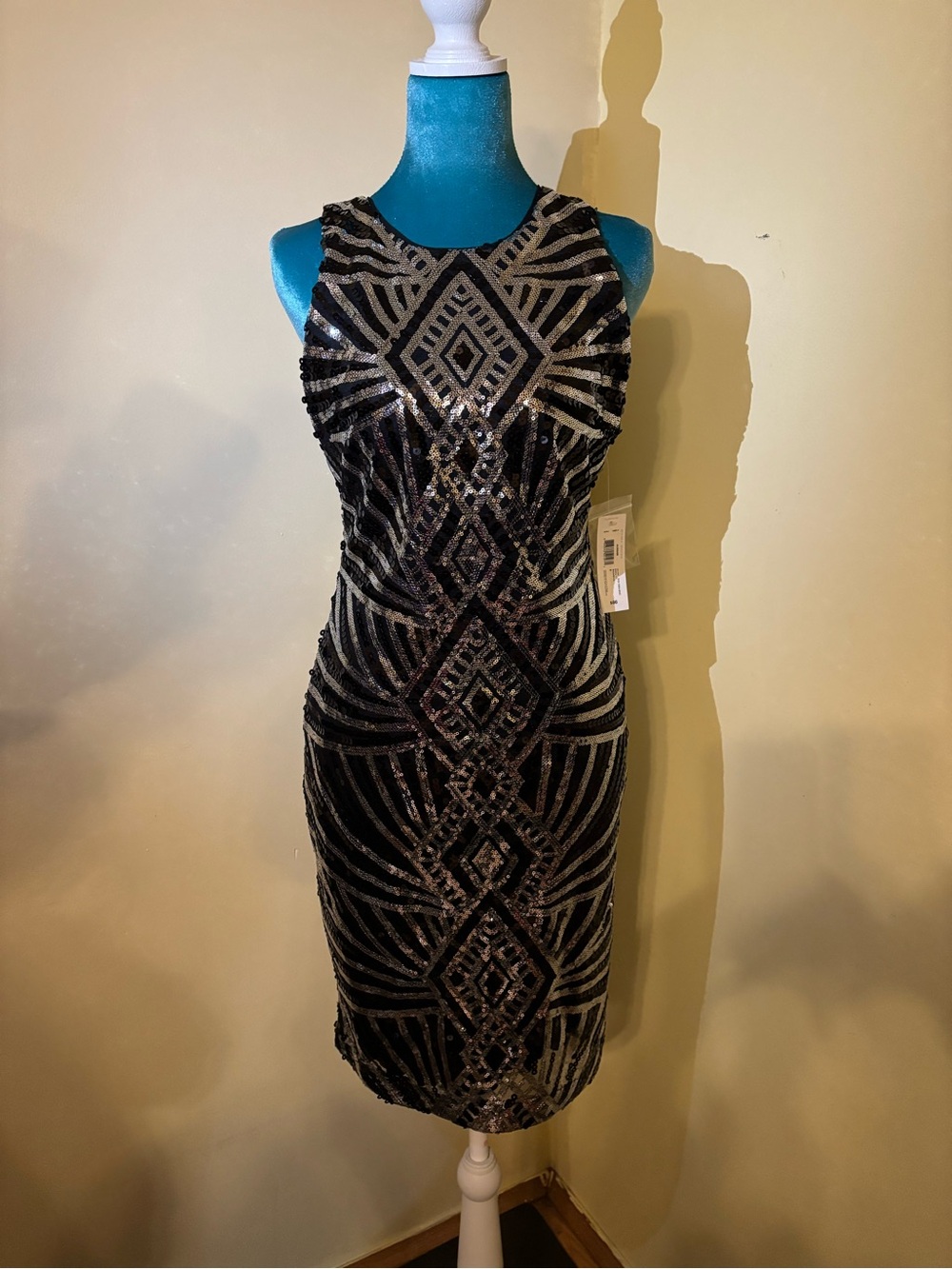 Bisou Bisou Black and Silver Sequin Midi Sheath Dress